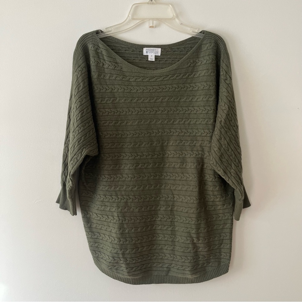 Market & Spruce Boatneck Sweater Medium Green Cable Knit